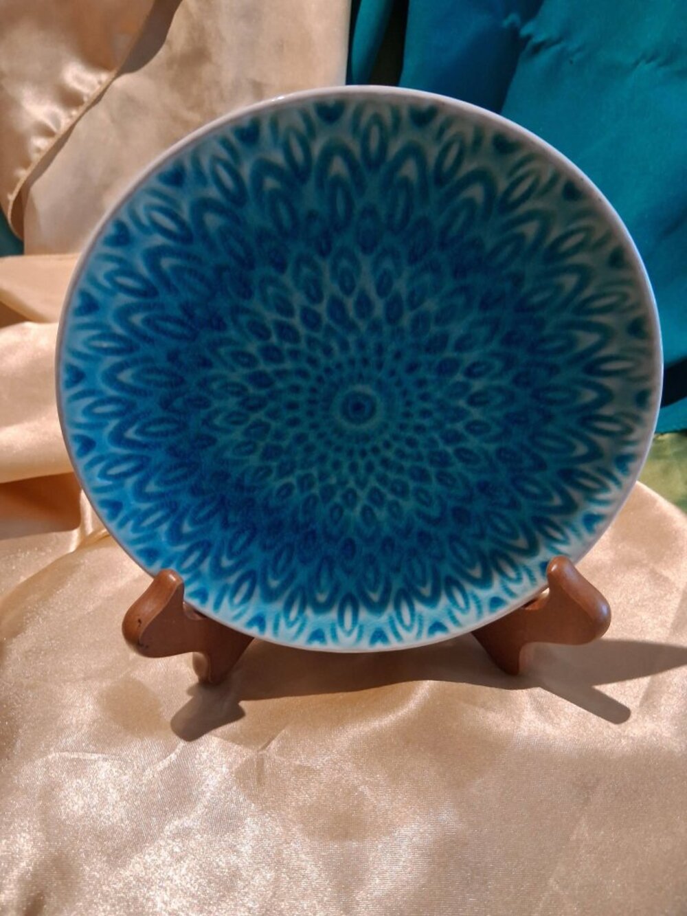 Modern Teal Blue Peacock Feather Mandala Ceramic Decorative Plate / Trinket Dish